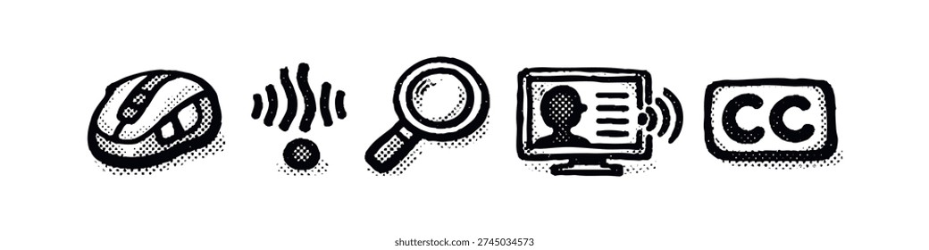 Digital Tools, User Profile Communication, and Accessibility Icons with Mouse, Search, and Closed Captions