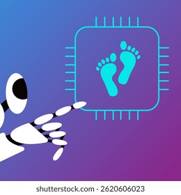 Digital trace with AI Robot. Biometric identity protection. Investigations and traces. Footprint tracking chip. Hi-tech technologies. Flat vector illustration.