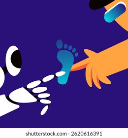 Digital trace with human and robot. Biometric identity protection. Investigations and traces. Footprint tracking chip. Hi-tech technologies. Flat vector illustration.