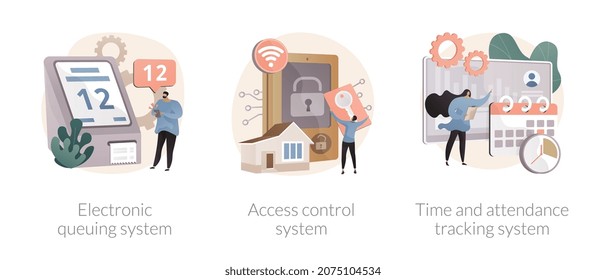 Digital Tracking Systems Abstract Concept Vector Illustration Set. Electronic Queuing System, Access Control System, Time And Attendance Tracking, Monitoring Software, Fingerprint Abstract Metaphor.