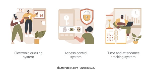 Digital Tracking Systems Abstract Concept Vector Illustration Set. Electronic Queuing System, Access Control System, Time And Attendance Tracking, Monitoring Software, Fingerprint Abstract Metaphor.