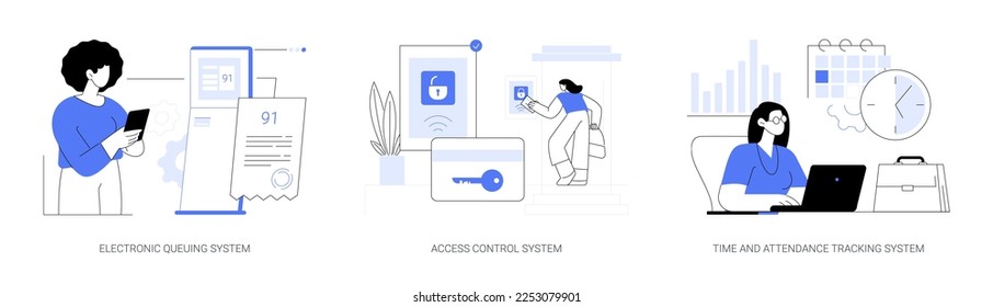 Digital tracking systems abstract concept vector illustration set. Electronic queuing system, access control system, time and attendance tracking, monitoring software, fingerprint abstract metaphor.