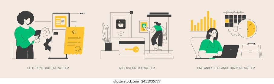 Sistema de seguimiento digital conjunto abstracto de ilustración vectorial concepto. Sistema electrónico en cola, sistema de control de acceso, seguimiento de tiempo y asistencia, software de monitoreo, metáfora abstracta de huellas dactilares.