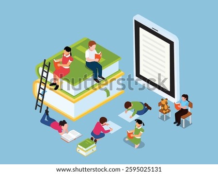 Digital and Traditional Reading Concept with Books and E-Reader 3d flat vector illustrations