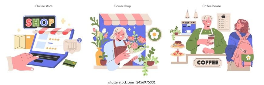 Digital and Traditional Small Business set Navigating the e-commerce realm, blooming flower shops, and cozy coffee houses The essence of modern entrepreneurship Vector illustration