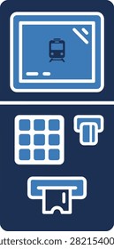 Digital train ticket vending terminal interface with card payment slot for passenger rail travel purchase system vector icon graphic.