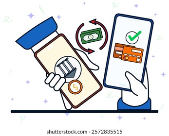 Digital transaction concept. Person's hand holds smartphone with money being transferred on the screen. Mobile banking, money exchange, payment, digital, online, commerce.