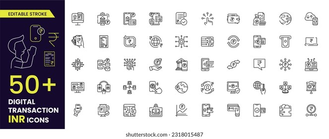 Digital Transaction INR, Online banking line icons set: deposit app, money safety, internet bank, contactless payment, credit card, online transaction, mobile support, Editable stroke, INR currency.