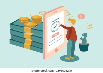 Digital transaction on mobile phone. Man clicking phone to certified payments. Coin and stacks of money. Vector illustration flat design