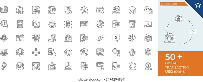 The Digital Transaction and Online Banking line icons set is a comprehensive collection of minimalist, vector-based icons designed to represent various aspects of digital financial activities.