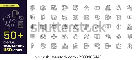 Digital Transaction, Online banking   line icons set: deposit app, money safety, internet bank, contactless payment, credit card, online transaction, mobile support, Editable stroke, USD currency.. Сток-фото © 