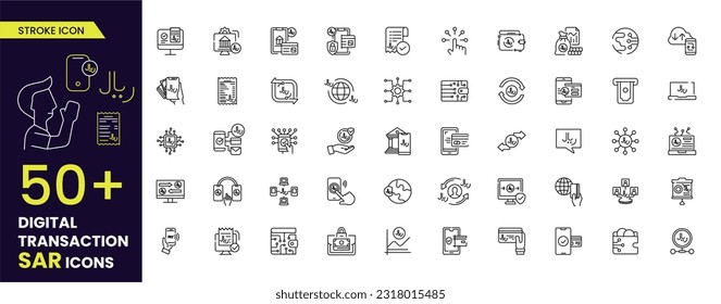 Digital Transaction SAR, Online banking line icons set: deposit app, money safety, internet bank, contactless payment, credit card, online transaction, mobile support, Editable stroke, SAR currency.