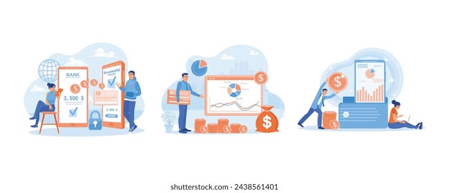 Digital transaction security. Personal financial account virtual. NFC payment system. Financial Transactions concept. Set flat vector illustration.