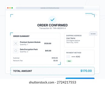 Un resumen digital de la transacción muestra una confirmación del pedido, incluyendo detalles del artículo, cantidad total, Dirección de envío y Información de pago de una compra en línea.