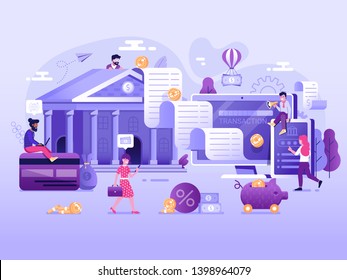 Digital transaction UI illustration with flat people characters doing web money transfers and deposits. Online bank payment wire transaction and cashback concept. Save money technology processing.