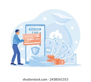  Digital transaction vector illustration. Successful man making digital payments. Ease of digital banking services and security services in online transactions. Financial Transactions concept. 