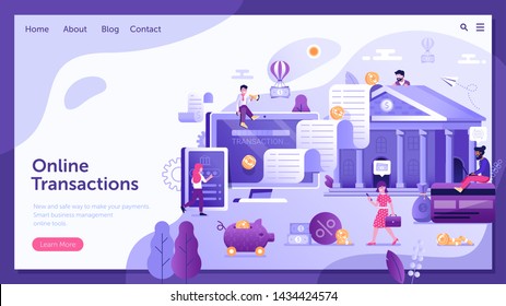 Digital transaction web banner UI illustration with flat people team doing web money transfers and deposits. Online bank payment landing page template. Digital wire transaction and cashback concept.