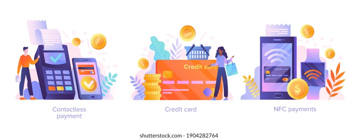 Digital transactions abstract concept. NFC payments, contactless smartwatch payment, credit card, smartphone banking application, smart technology. Set of flat cartoon vector illustrations