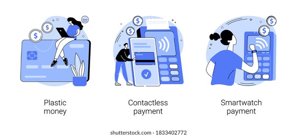 Digital transactions abstract concept vector illustration set. Plastic money, contactless smartwatch payment, credit and debit card, smartphone banking application, smart technology abstract metaphor.