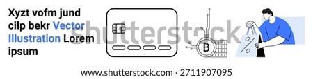 Digital transactions, cryptocurrency, fintech services, blockchain security, e-commerce, financial technology. A credit card, a blockchain symbol and a man with a shopping bag. Digital transactions