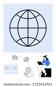 Digitale Transaktionen, E-Commerce, Bankwesen, globale Zahlungen, Online-Sicherheit, Finanztechnologie. Globe-Symbol, Zahlungskarten-Münzen und Person mit Laptop. Globale Zahlungen und digitale Transaktionen