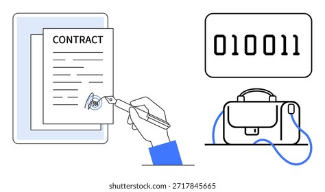 Transacciones digitales, contratos electrónicos, ciberseguridad, comunicación empresarial, cifrado de datos, trabajo remoto. Firma manual de un contrato con un bolígrafo, código binario y maletín. Transacciones digitales