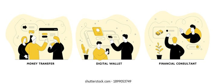 Digital transactions flat linear vector illustration set. Money transfer, digital wallet, financial consultant. Personal savings, online banking, electronic transactions. Cartoon people characters