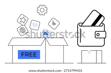 Digital transactions, online shopping, e-commerce, financial tools, virtual services, and payment solutions. Open box with icons and a wallet with a card. Online shopping and payment solutions themed