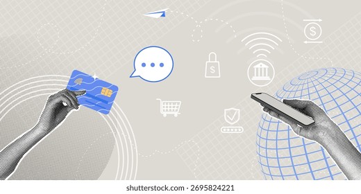 Transações digitais usando bancos móveis e cartões de crédito. Uma colagem moderna de imagens de meio-tom. O conceito de inovação global em tecnologia bancária móvel e financeira.
