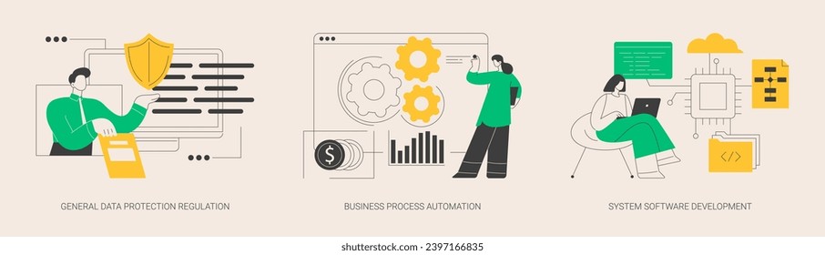 Digital transformation abstract concept vector illustration set. General data protection regulation, business process automation, system software development, data collection abstract metaphor.