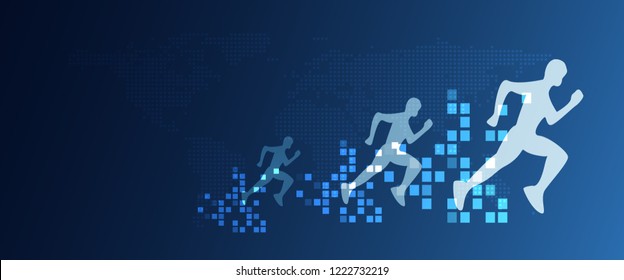 Digital Transformation Abstract Running People With Speed Increasing From Pixels. Business And Technology Concept. Digital Creative Marketing. Disruptive And Future Change Situation Concept.