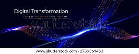 Digital Transformation AI Brain Neuronal Connection Waving Light Lines. Blue Neon Glowing Pathway Network Background. Business Complex Researching and Innovation Transform BG. Vector Illustration