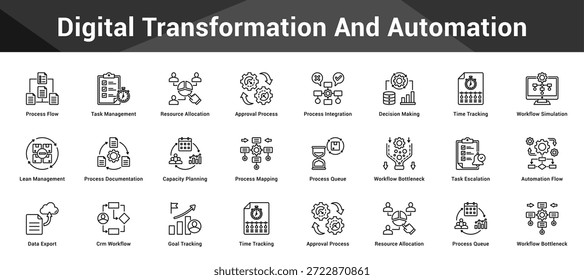 Digital Transformation And Automation Cohesive set of minimalist vector icons representing key ideas with visual clarity