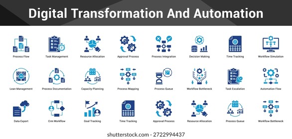 Transformación digital y automatización Conjunto coherente de iconos vectoriales minimalistas que representan ideas clave con claridad visual