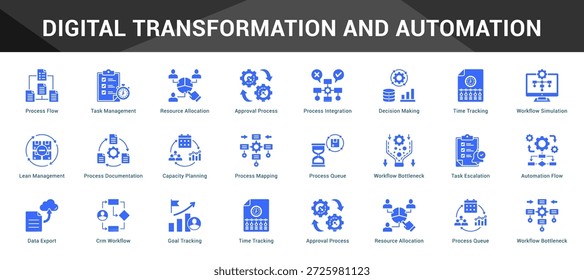 Digital Transformation And Automation Cohesive set of minimalist vector icons representing key ideas with visual clarity