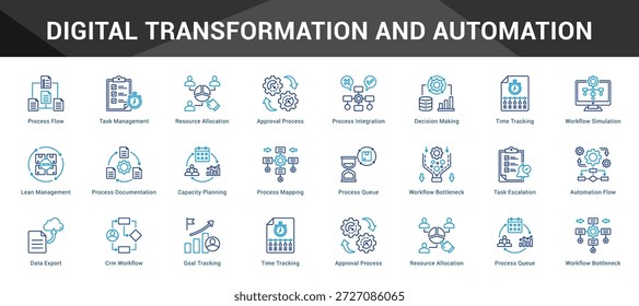 Digital Transformation And Automation Cohesive set of minimalist vector icons representing key ideas with visual clarity