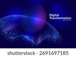 Digital transformation background with glowing 3D sphere and flowing data waves. Abstract technology concept representing artificial intelligence, innovation, and futuristic global digital network