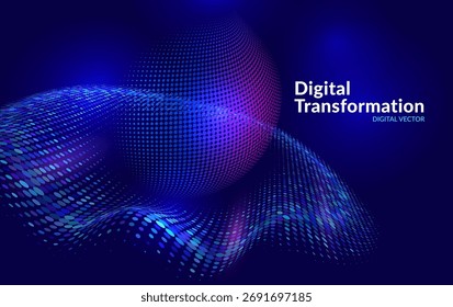Fundo de transformação digital com esfera 3D brilhante e ondas de dados fluindo. Conceito de tecnologia abstrato representando inteligência artificial, inovação e rede digital global futurista