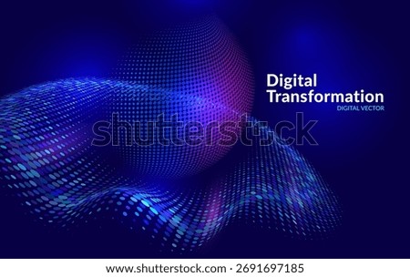 Digital transformation background with glowing 3D sphere and flowing data waves. Abstract technology concept representing artificial intelligence, innovation, and futuristic global digital network