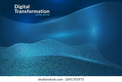 Fondo de transformación digital con onda azul brillante hecha de puntos de partículas. Concepto de tecnología Abstractas que representa la visualización de datos, la innovación y el diseño moderno de inteligencia artificial