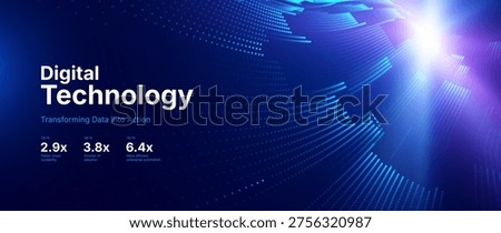 Digital Transformation Background With Glowing Neon Data Connection Lines and Abstract Particle Flow Gird on Dark Blue. Smart Digital Business Solutions. Vector Illustration.