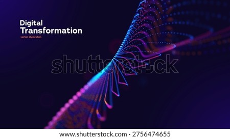 Digital Transformation Background With Glowing Neon Data Waves And Abstract Particle Flow On Dark Blue. Smart Digital Solutions. Vector Illustration.