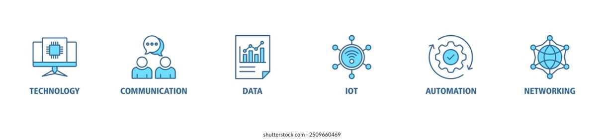 Transformação digital banner web icon set vetor ilustração conceito com ícone de tecnologia, comunicação, dados, iot, ict, automação, internet e rede ícones símbolo de fundo editável