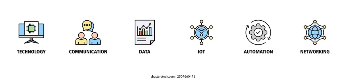Digital transformation banner web icon set vector illustration concept with icon of technology, communication, data, iot, ict, automation, internet, and networking icons symbol background editable