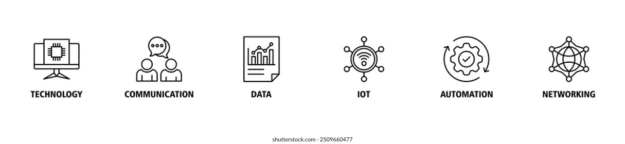 Transformação digital banner web icon set vetor ilustração conceito com ícone de tecnologia, comunicação, dados, iot, ict, automação, internet e rede ícones símbolo de fundo editável