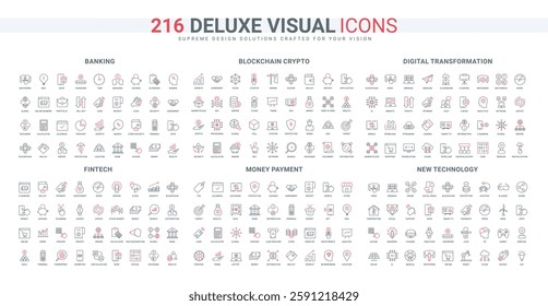 Digital transformation, blockchain and fintech, banking, money exchange and payment line icon set. Centralization and decentralization of data thin black and red outline symbols vector illustration