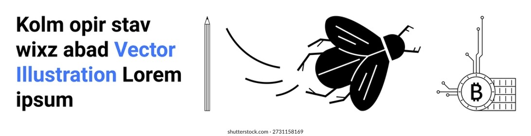 Digital transformation, blockchain technology, cryptocurrency, fintech, innovation, data visualization. A pen, a flying bug and a circuit-thumbs up Bitcoin symbol conceptually linked. Digital