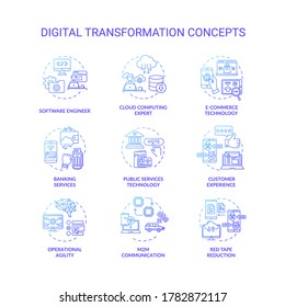 Digital transformation blue gradient concept icons set. Professional programmer. Technology innovation for business idea thin line RGB color illustrations. Vector isolated outline drawings