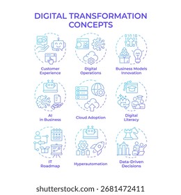 Digital transformation blue gradient concept icons. Business innovation, cloud technology. Icon pack. Vector images. Round shape illustrations for infographic, presentation. Abstract idea