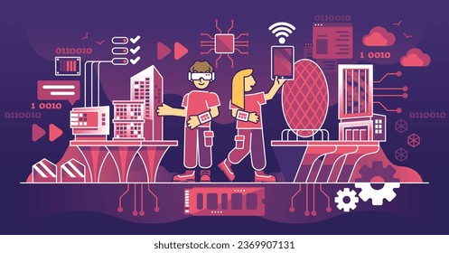 Digital transformation in business with automation tech outline concept. Smart technology usage for development and effective robotization vector illustration. Artificial intelligence change process.